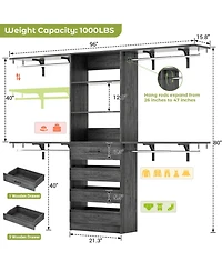 Aheaplus 96 inches Closet Organizer System with 4 Reversible Shelves and Wood Drawers, Wardrobe Clothes Rack Hanging Rods
