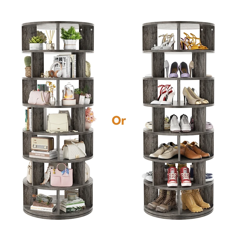 7-Tier Rotating Shoe Rack, 360° Display Wooden Revolving Rack Tower