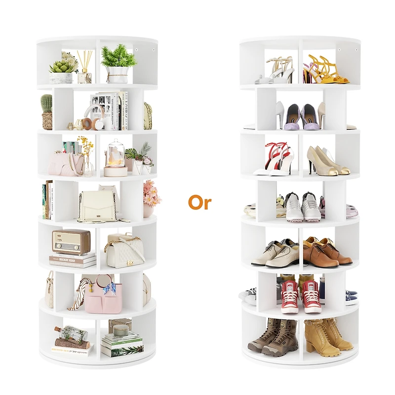 7-Tier Rotating Shoe Rack, 360° Display Wooden Revolving Shoe Rack Tower