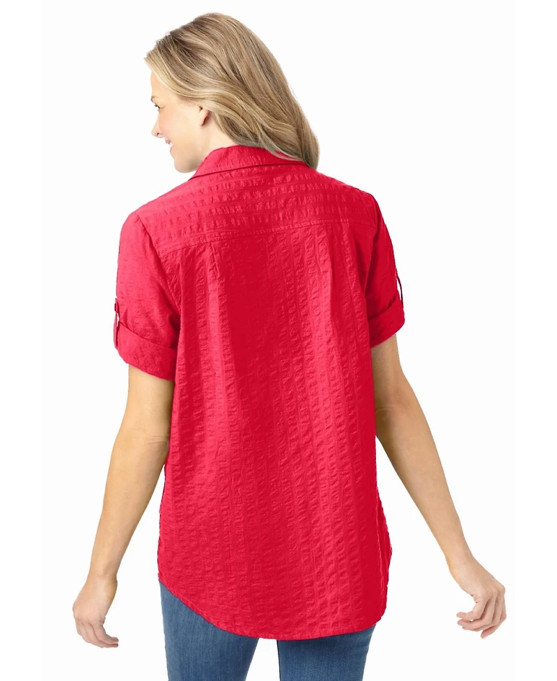 Woman Within Women's Within Short-Sleeve Button Down Seersucker Shirt
