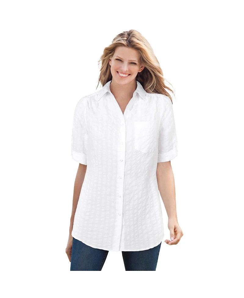 Woman Within Plus Short-Sleeve Button Down Seersucker Shirt