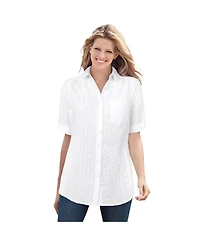 Woman Within Plus Short-Sleeve Button Down Seersucker Shirt