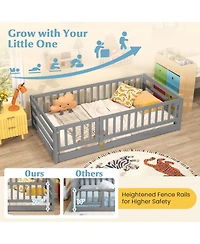 Gymax Twin Floor Bed w/High Fence & Door Safety Guardrails Wood Frame