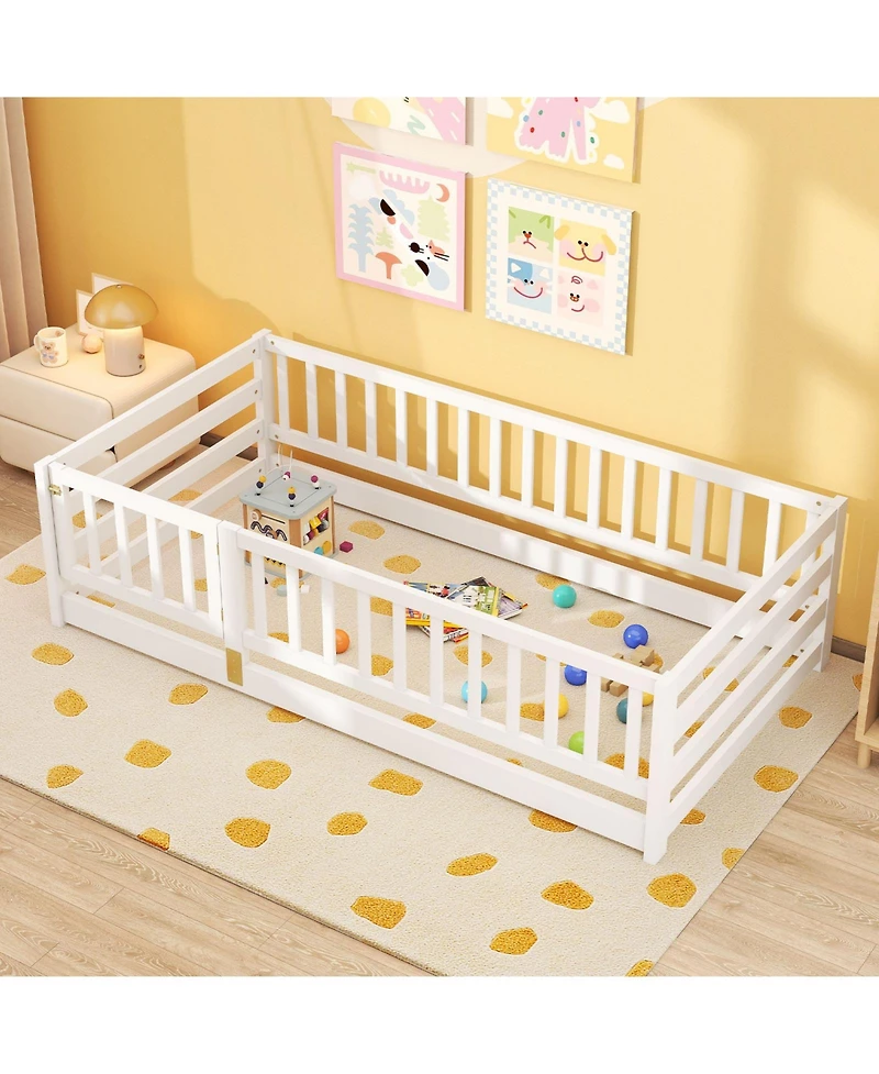 Gymax Twin Floor Bed w/High Fence & Door Safety Guardrails Wood Frame