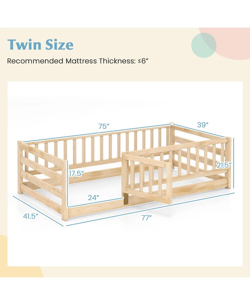 Gymax Twin Floor Bed w/High Fence & Door Safety Guardrails Wood Frame