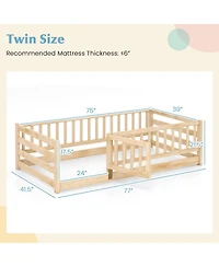 Gymax Twin Floor Bed w/High Fence & Door Safety Guardrails Wood Frame