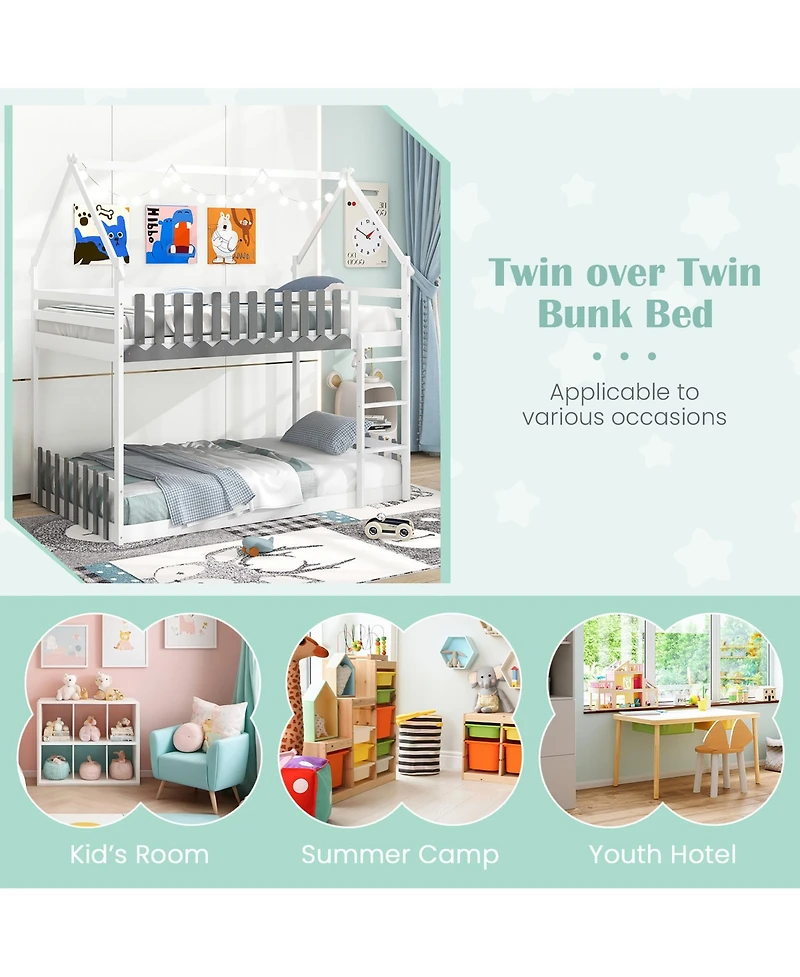 Gymax Twin Over Twin Bunk Bed w/ Fence & Ladder Solid Wood Floor Bunk Bed for Kids