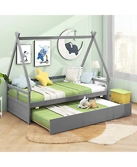 Gymax Twin Size House Bed w/ Trundle Roof & Safety Guardrail Wood Slat Support