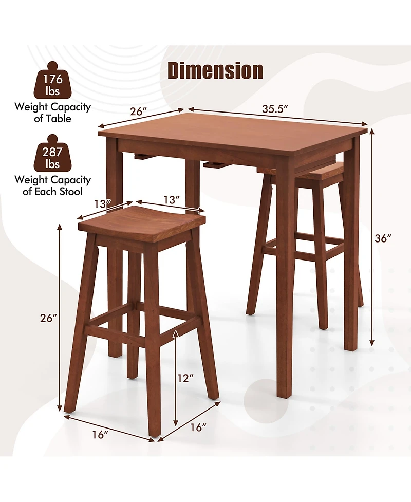 Gymax 3 Pcs Bar Table Set w/ 1 Table 2 Bar Stools Wood Veneered Tabletop Dining Room