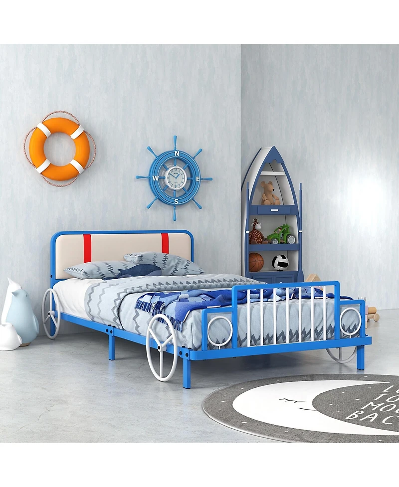 Gymax Twin Size Kids Bed Frame Car Shaped Metal Platform Bed w/ Upholstered Headboard