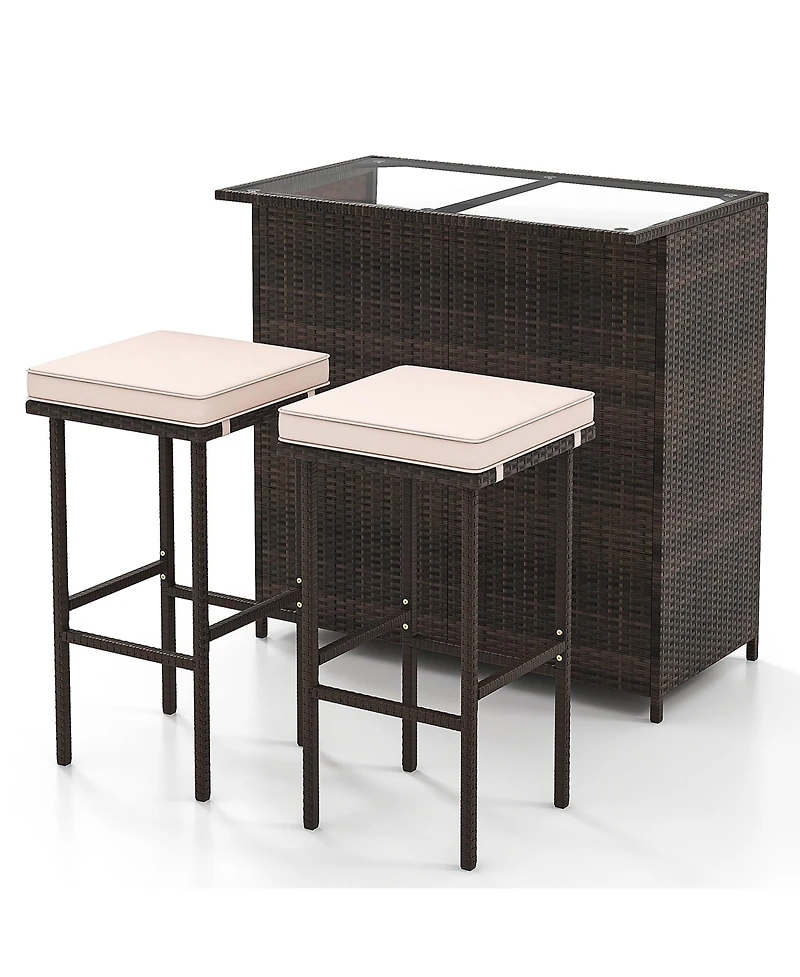 Gymax 3 Pieces Patio Bar Set Pe Wicker Outdoor Bar Table & Stools Set w/ Removable Cushions