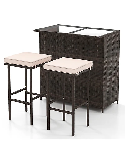 Gymax 3 Pieces Patio Bar Set Pe Wicker Outdoor Bar Table & Stools Set w/ Removable Cushions