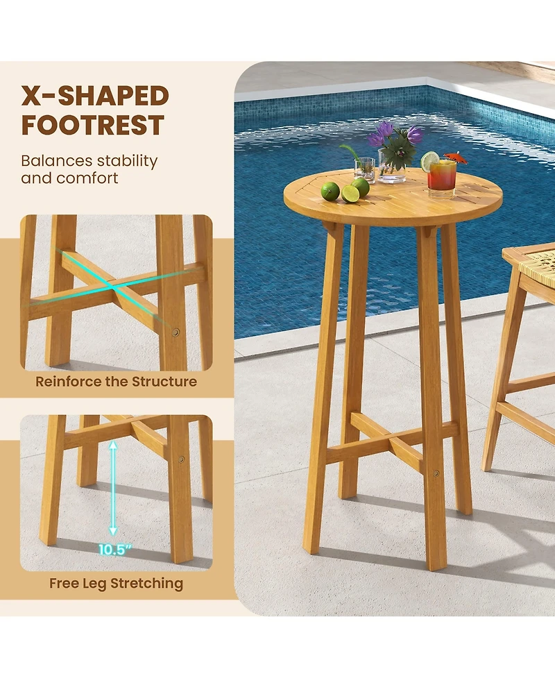 Gymax 3 Piece Patio Bar Set Round Cocktail Table w/ 2 Rattan Saddle Stools