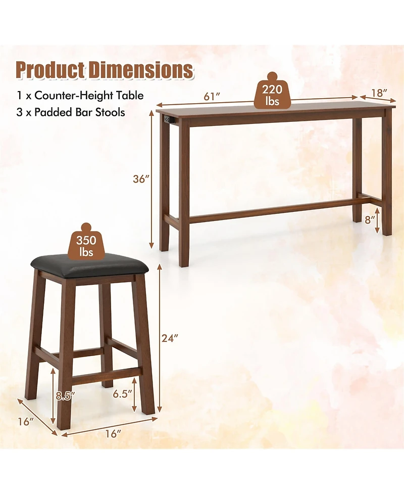 Gymax 4-Piece Bar Table Set w/ Power Outlet Counter-Height Table & 3 Bar Stools