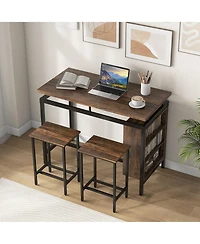 Gymax 3-Piece Dining Table Set Bistro Table & 2 Bar Stools w/ 3-Tier Storage Shelf