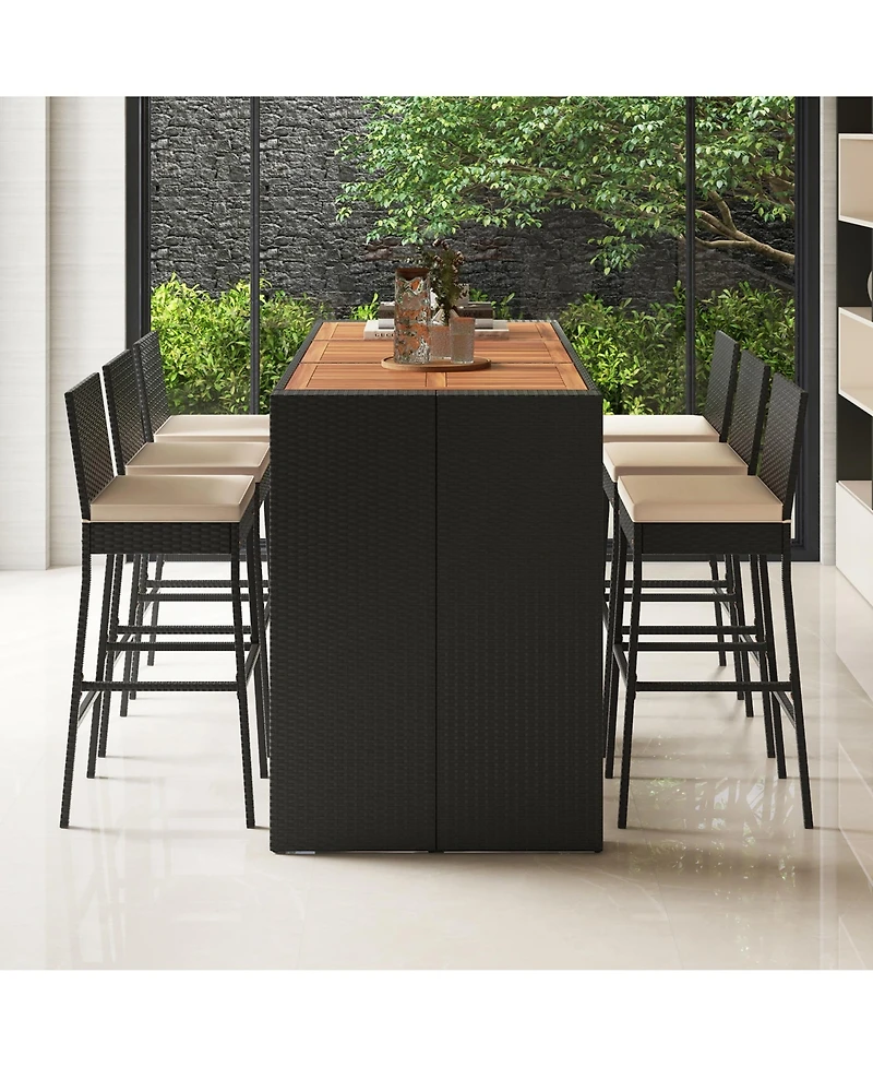 Gymax 7 Pieces Patio Bar Set w/ Acacia Wood Tabletop & Removable Cushions Outdoor