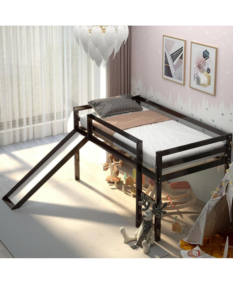 Gymax Twin Size Loft Bed with Slide Wood Low Sturdy Loft Bed Bedroom