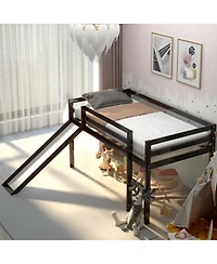 Gymax Twin Size Loft Bed with Slide Wood Low Sturdy Loft Bed Bedroom