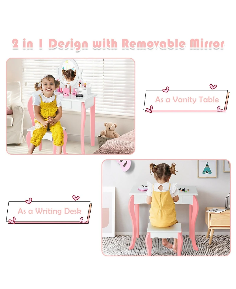 Gymax Kids Vanity Princess Makeup Dressing Table Stool Set W/ Mirror Drawer