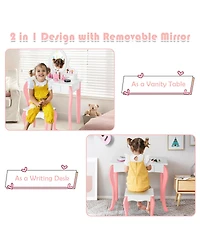Gymax Kids Vanity Princess Makeup Dressing Table Stool Set W/ Mirror Drawer