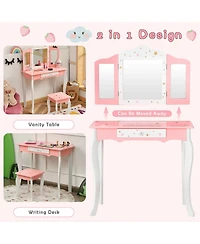 Gymax Kids Vanity Princess Makeup Dressing Table Chair Set W/ Tri-folding Mirror