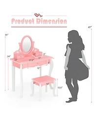 Gymax Kids Vanity Princess Makeup Dressing Table Stool Set W/ Mirror Drawer
