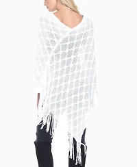 White Mark Women's Open Knit Fringe Poncho Sweater