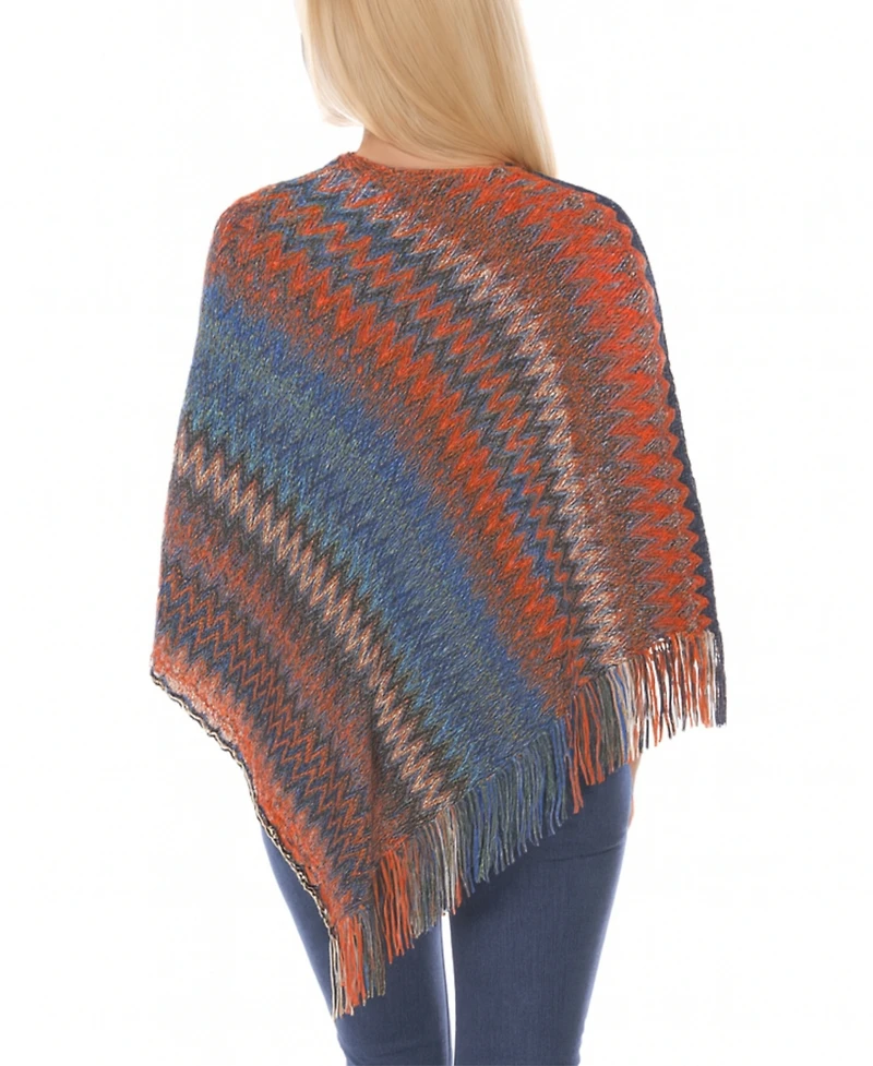 White Mark Women's Chevron Knit Fringed Hem Poncho Sweater