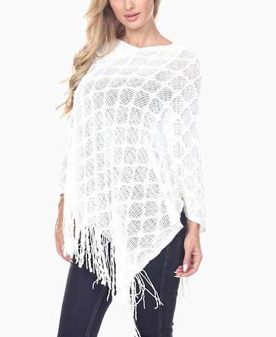 White Mark Women's Open Knit Fringe Poncho Sweater
