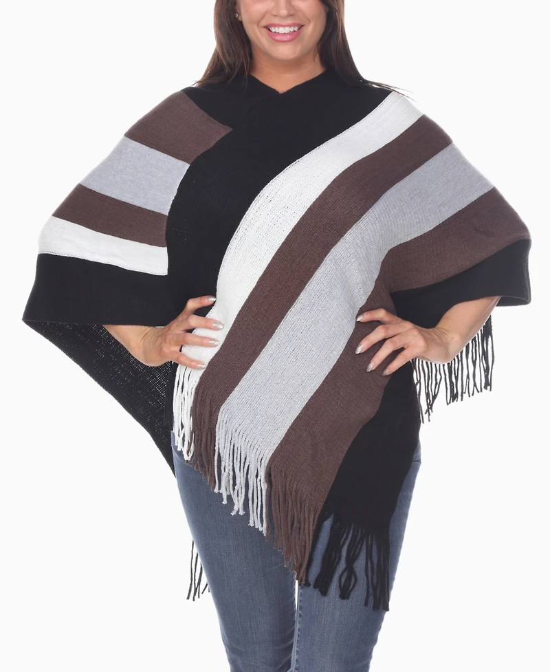 White Mark Women's Striped Knit Fringe Poncho Sweater