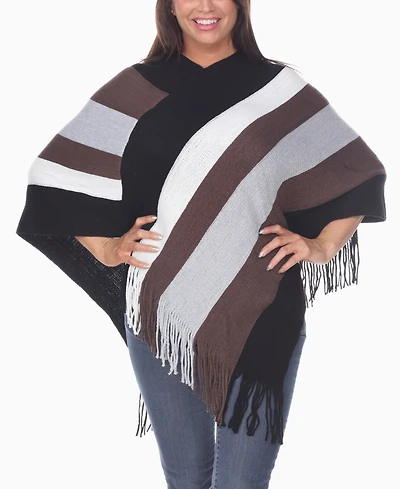 White Mark Women's Striped Knit Fringe Poncho Sweater