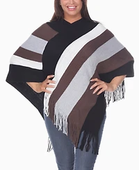 White Mark Women's Striped Knit Fringe Poncho Sweater