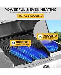 Cowsar 3-Burner Propane Gas Grill with Side Burner 34,000 Btu Stainless Steel Outdoor Bbq Grill, Cast Iron Grates, Portable for Patio, Camping