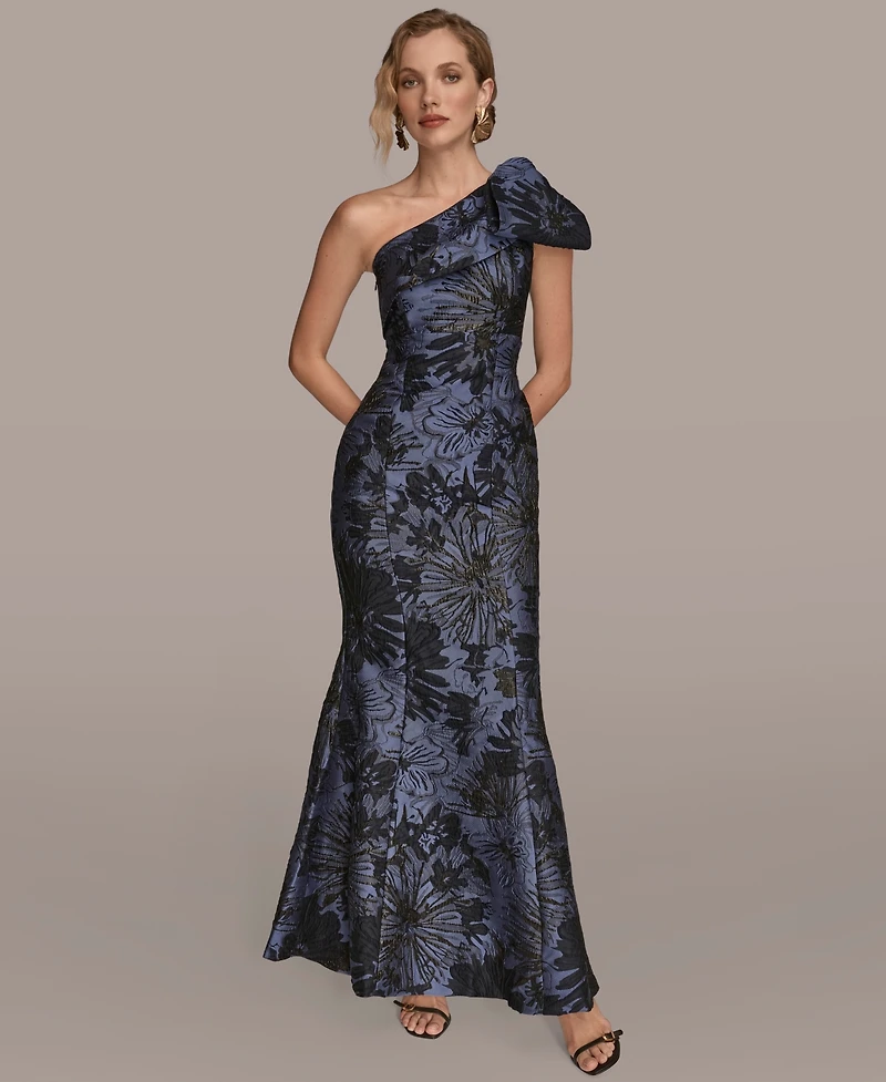 Donna Karan New York Women's Jacquard Bow-Trim One-Shoulder Gown