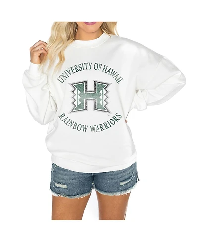 Gameday Couture Women's White Hawaii Rainbow Warriors Oversized Good Vibes Premium Fleece Drop Shoulder Pullover Sweatshirt