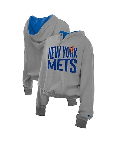 New Era Men's Heather Gray York Mets Reversed Out French Terry Quarter-Zip Banded Crop Hoodie