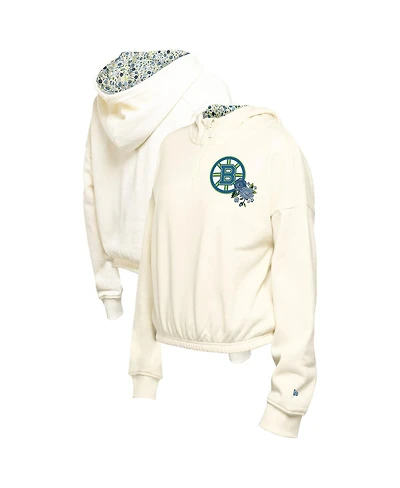 New Era Men's Cream Boston Bruins Glam Game Quarter-Zip Cropped Floral Hoodie Pullover