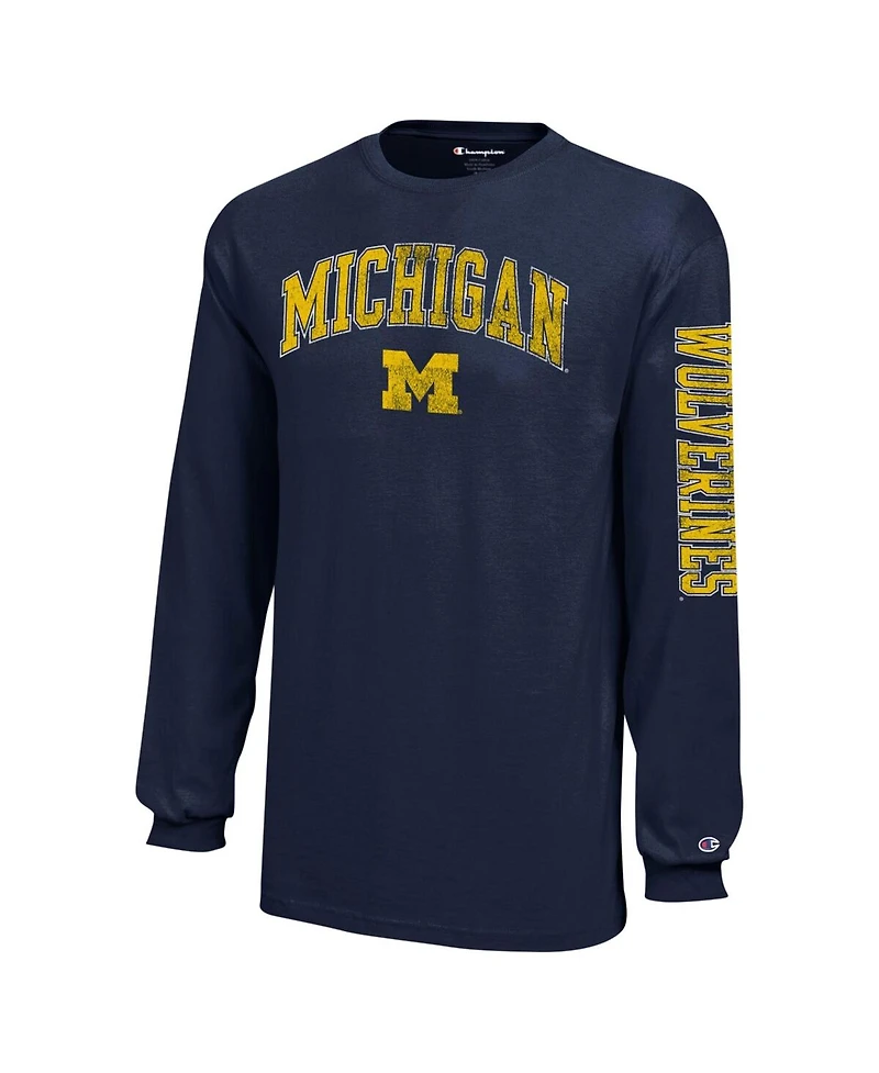 Champion Big Boys and Girls Navy Michigan Wolverines Distressed Arch Over Logo Long Sleeve T-Shirt