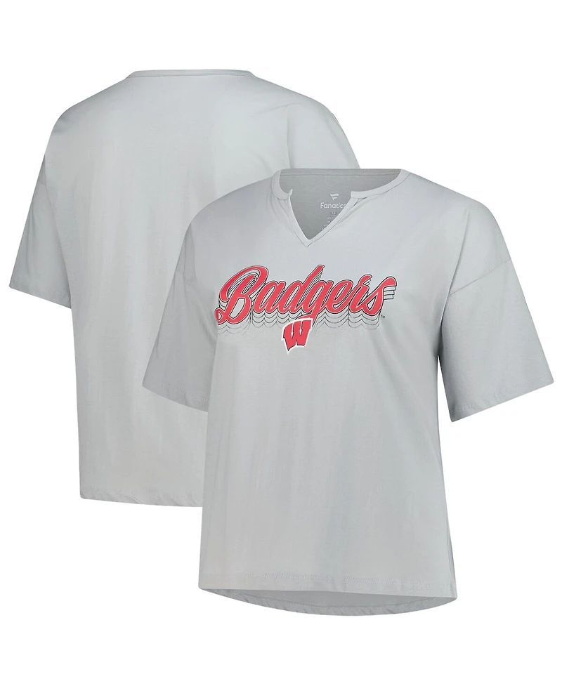 Fanatics Women's Gray Wisconsin Badgers Plus Winning Gear Notch Neck T-Shirt