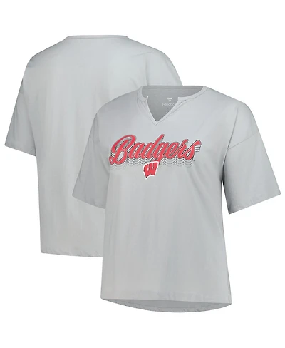 Fanatics Women's Gray Wisconsin Badgers Plus Winning Gear Notch Neck T-Shirt