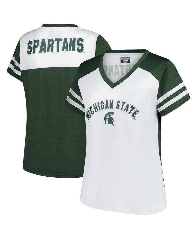 Fanatics Women's White Michigan State Spartans Plus Rhinestone Glitter Sleeve Stripe V-Neck T-Shirt