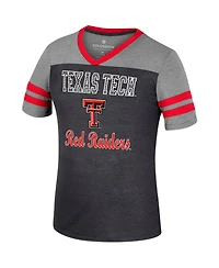 Colosseum Big Girls Black/Heather Gray Texas Tech Red Raiders Summer Striped V-Neck T-Shirt