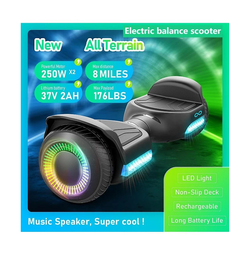 Everyfun Kids' All-Terrain Self-Balancing Scooter-Colorful Led Lights, Built-in Music Speaker, 7.75mph Speed
