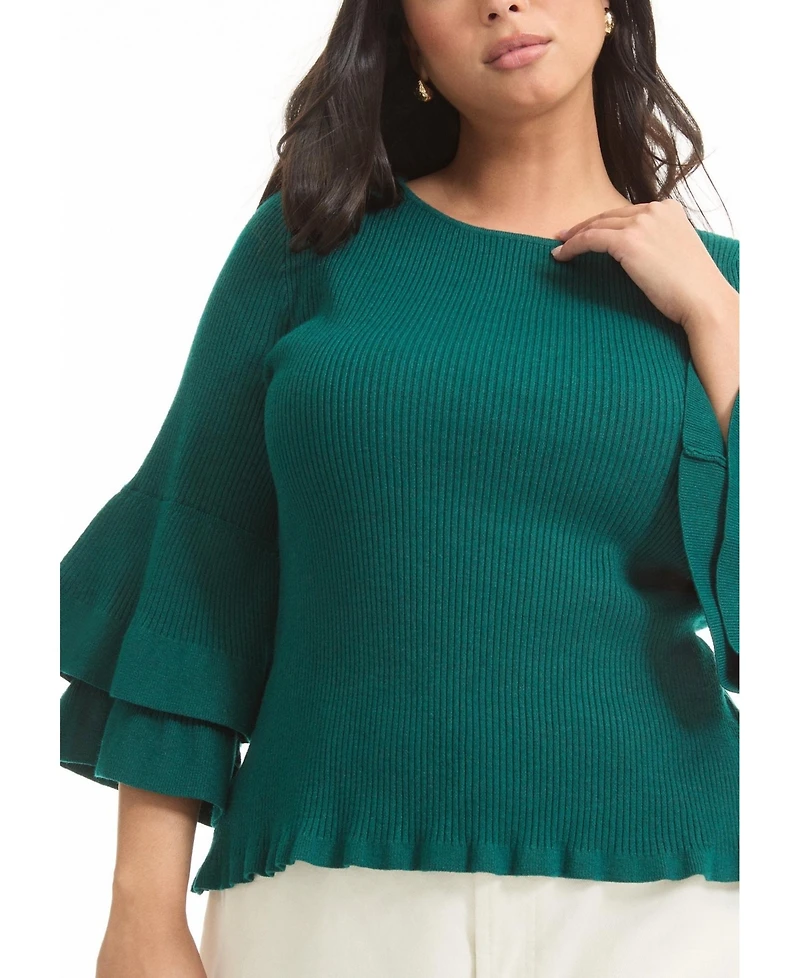 June + Vie Women's Plus Ruffled Long-Sleeve Sweater