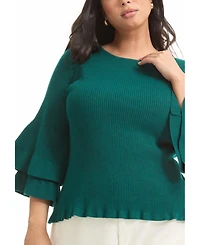 June + Vie Women's Plus Ruffled Long-Sleeve Sweater
