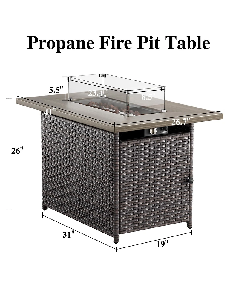 Gymojoy Brown/Gray Wicker Outdoor Rectangular 50,000 Btu Propane Gas Fire Pit Table with Lid