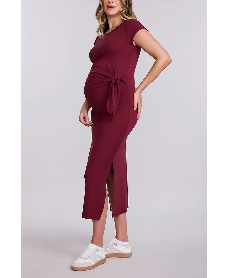 Motherhood Maternity Crew Neck Short Sleeve Side Tie Midi Dress
