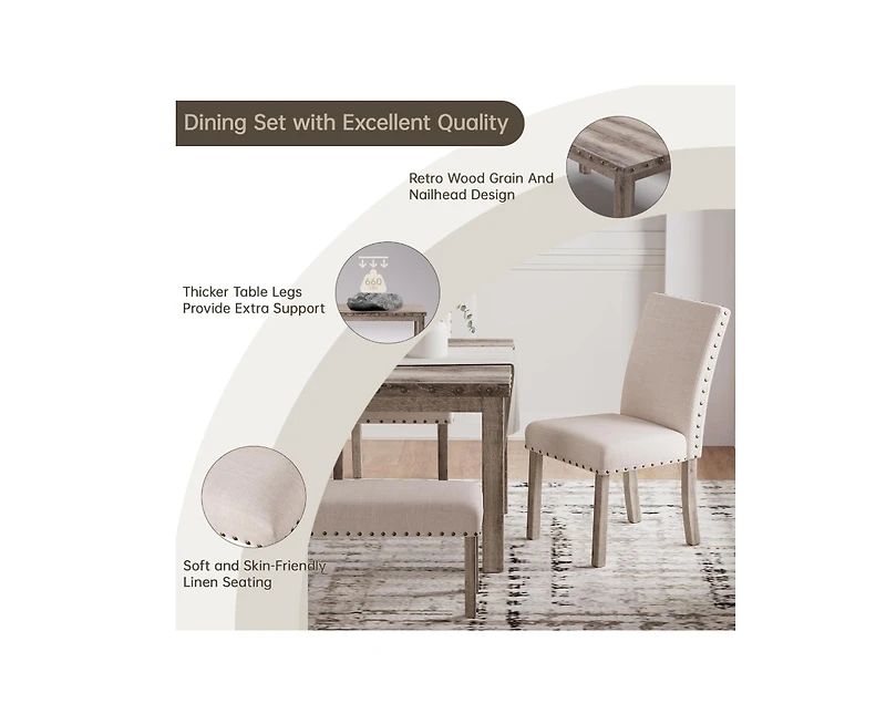 Morden Fort Farmhouse Dining Table Set for 4, Rustic Wooden Kitchen Table with Upholstered Bench & 2 Chairs, Country Style Dining Set for Family Gathe