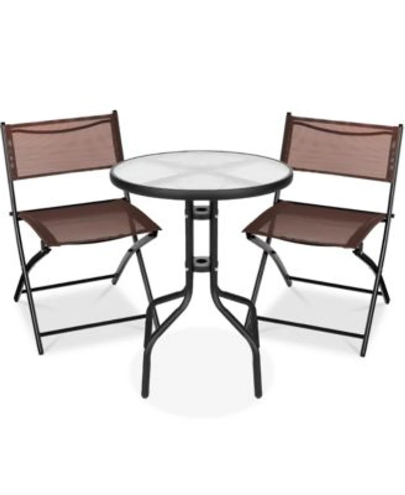 Best Choice Products 3 Piece Patio Bistro Dining Furniture Set W Round Textured Glass Tabletop Folding Chairs