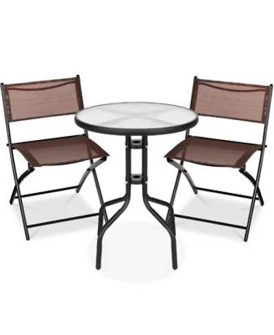 Best Choice Products 3 Piece Patio Bistro Dining Furniture Set W Round Textured Glass Tabletop Folding Chairs